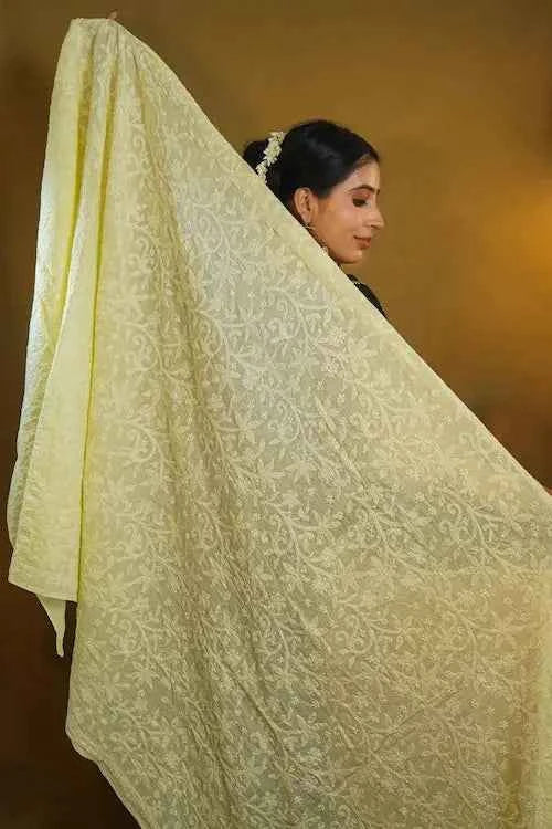 shwet pestal hues yellow chikankari cotton dupatta