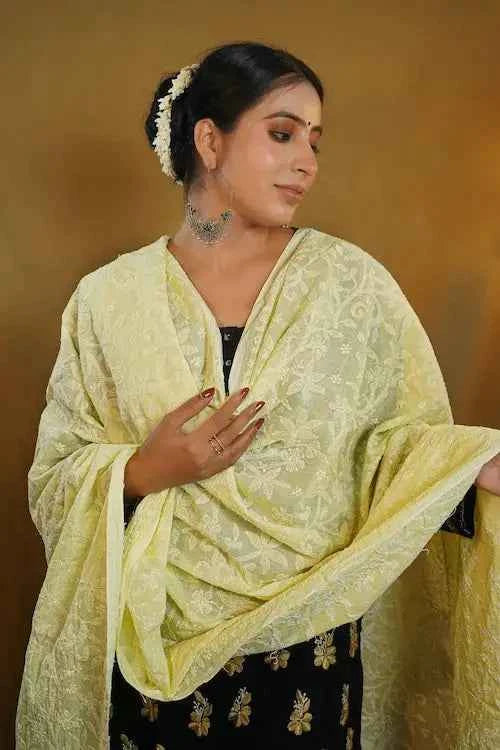 shwet pestal hues yellow chikankari cotton dupatta
