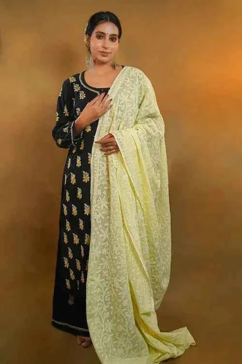 shwet pestal hues yellow chikankari cotton dupatta