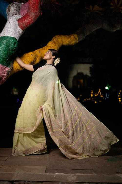 shwet yellow maroon kota cotton chikankari saree