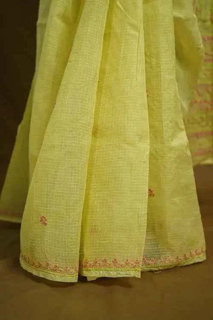 shwet yellow peach kota cotton chikankari saree