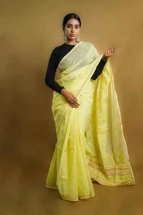 shwet yellow peach kota cotton chikankari saree