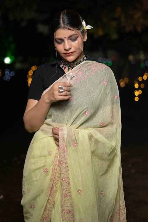 shwet yellow maroon kota cotton chikankari saree