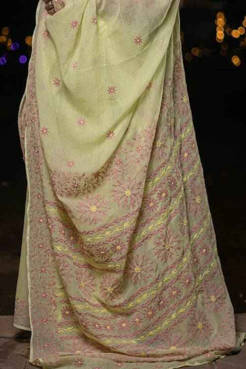 shwet yellow maroon kota cotton chikankari saree