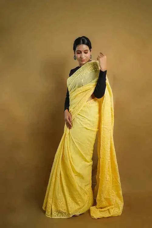 shwet yellow kota cotton chikankari saree