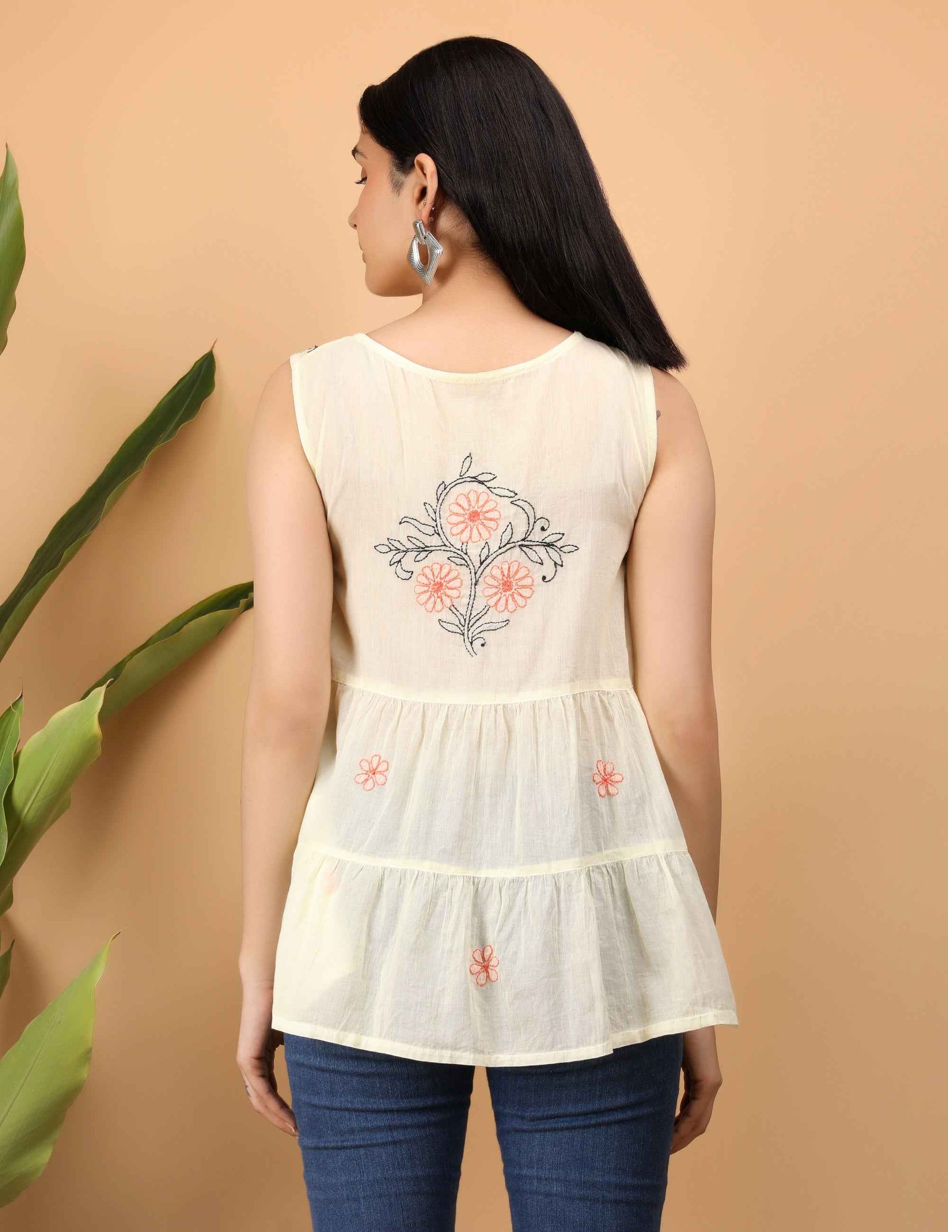 Shwet Women Yellow Chikankari Sleevless Tier Top