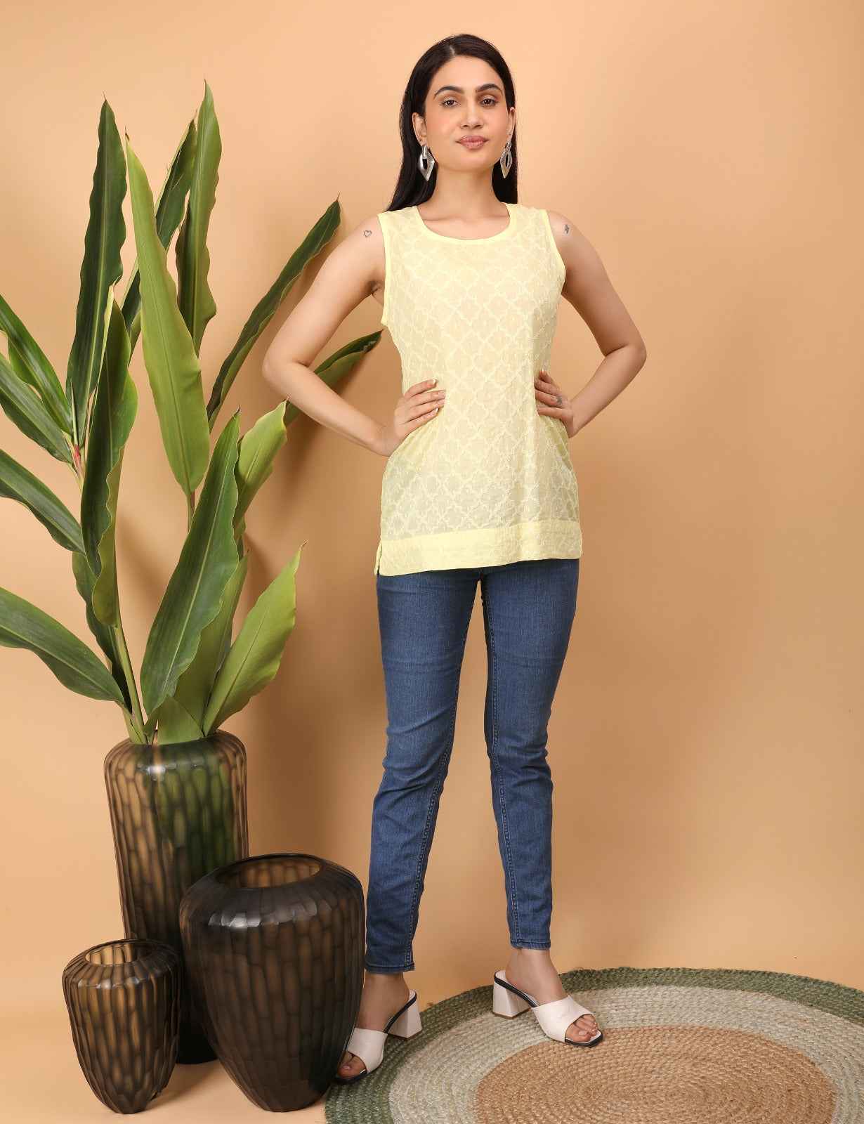 Shwet Women Yellow Chikankari Sleeveless Top