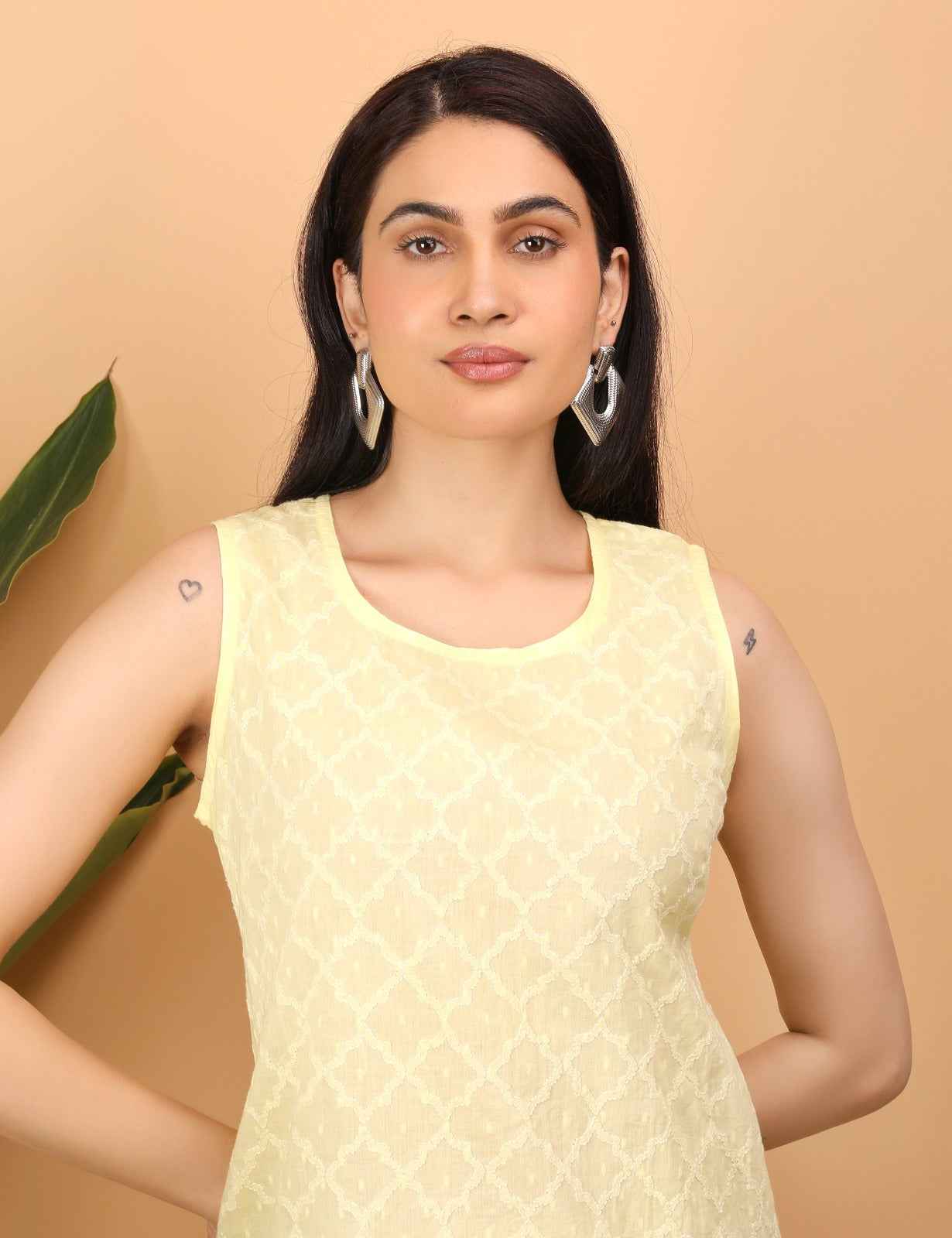 Shwet Women Yellow Chikankari Sleeveless Top