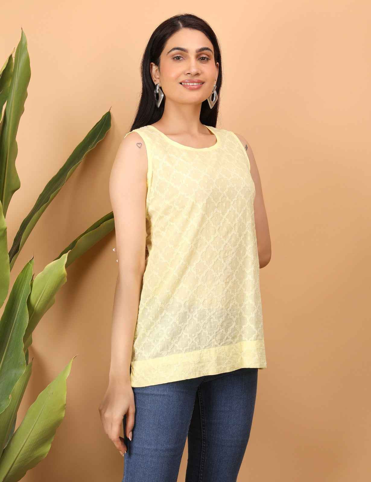 Shwet Women Yellow Chikankari Sleeveless Top