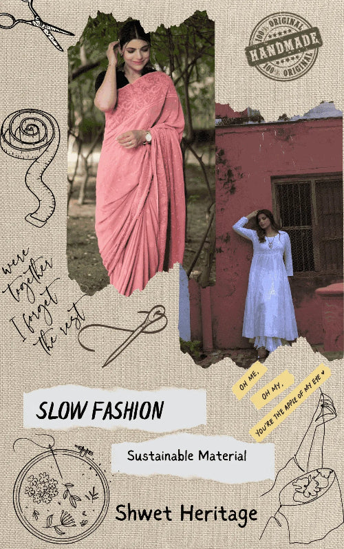 Collage of women in traditional attire with text on sustainable fashion and 'Shwet Heritage'.