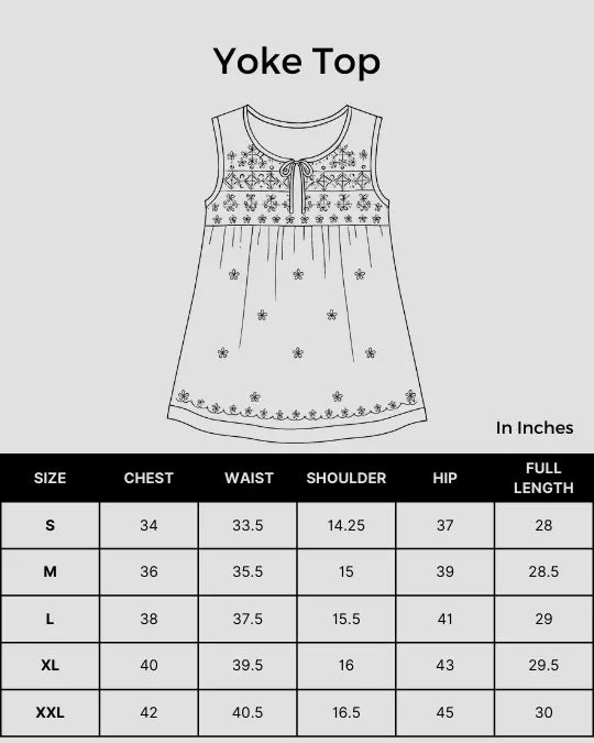 Size chart for Shwet Women Purple Chikankari Sleevless Yoke Top