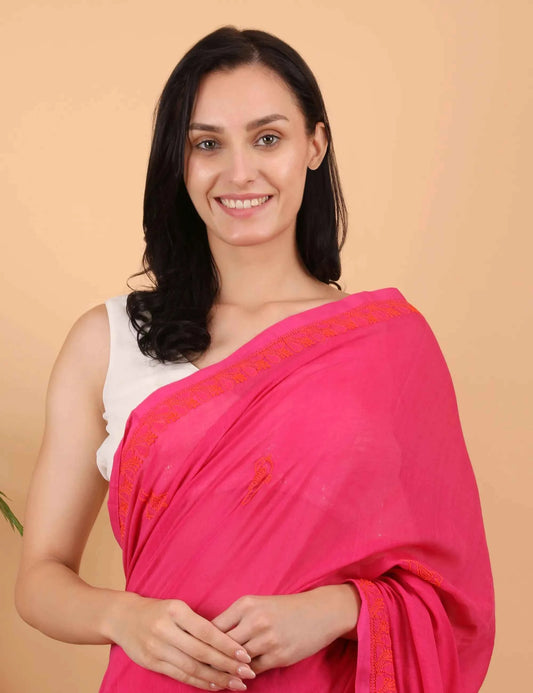 Shwet Women Magenta pink Hand Embroidered Chikankari  Mulmul Saree