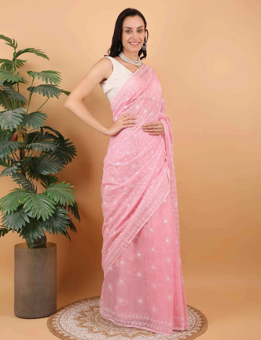 Shwet Women Hand Embroidered  Baby Pink Kota Cotton Chikankari Saree